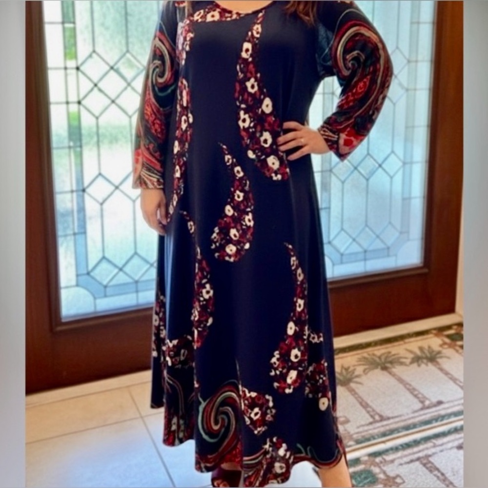 Ice Silk 2X long sleeve blue & red Maxi Dress